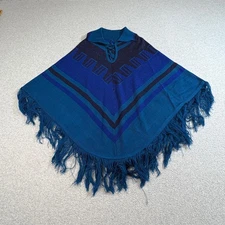 Vintage Knit Poncho Womens Large Fringed Southwestern Boho Cape Shawl 80s 90s