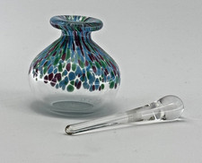 Art Glass Perfume Bottle w/ Dabber Blue Green Pink Dappled Hand Blown 4” Vintage