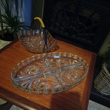 Walther Glas Crystal Basket  With Woven Handle and Serving dish  Yellow German