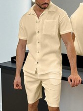 Men's Khaki Button Up Top Shorts Outfit Set
