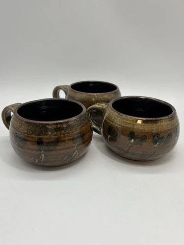 Vintage Marti Svoboda Pottery Mug Cup Brown Set Of 3 Signed Asheville, NC