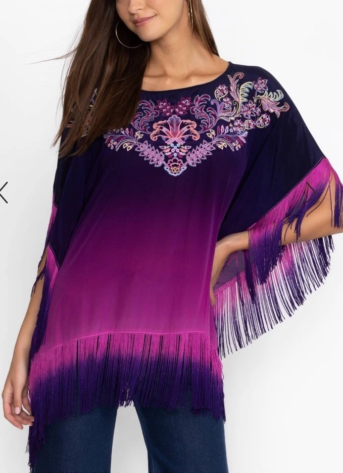 NWT $328 Johnny Was Alani Ombre Silk Poncho S/M Purple Kimono Embroidery Fringe