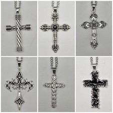 2" SILVER TONE CROSS for Men Zinc Necklace 24" Chain Pendant U PICK 6 Styles