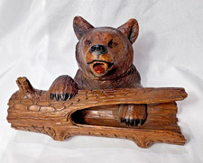 Antique Bear Inkwell Carved Black Forest Wood Hinged Lid With Glass Dip Pot