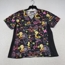 Looney Tunes Shirt Womens Large Black Tweetie Bird Scrub Top Nurse Doctor