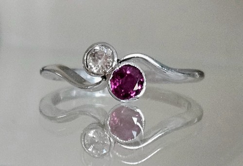 Platin kein 18kt oder 9kt Weißgold Rubin Diamant Ring Art Deco 20er Jahre toi et moi - Bild 3 von 18