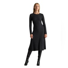 Quince Medium Wide Rib Knit Black Cashmere Midi Dress Long Sleeve Fit & Flare
