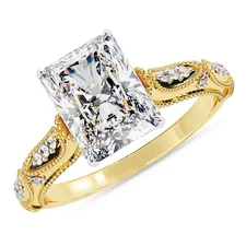 IGI 3.1 Ct Radiant Cut Lab Grown Diamond Beaded Solitaire Ring 14K Yellow Gold