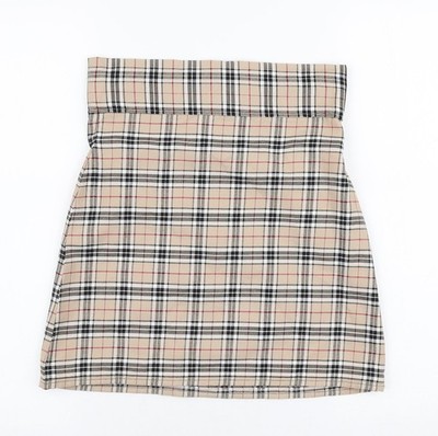 Getragener beige karierter Damen-A-Linienrock Polyester Größe 28 mit Reißverschluss