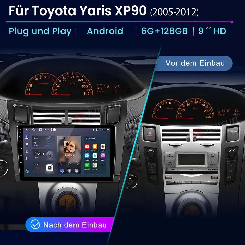 6+128 Android Radio Carplay DAB+ Bluetooth GPS Für Toyota Yaris XP90 2005-2012 - Bild 2 von 4