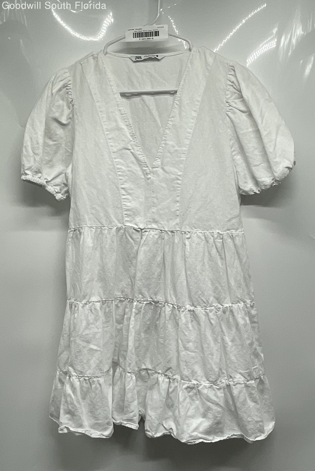 Zara Womens White V-Neck Puff Sleeve Tiered Babydoll Mini Dress Size Medium