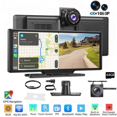 10.26'' 4K 64GB Dash Cam Touch Screen Car Stereo Rearview Wireless Apple Carplay