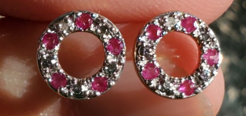 Ruby Round Cut & Diam Circle Earrings 10KT Solid White and Yellow Gold - Picture 2 of 12