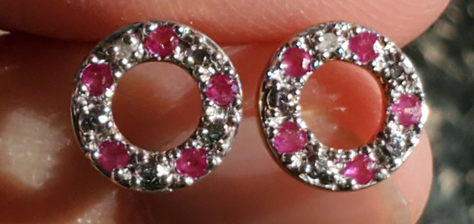 Ruby Round Cut & Diam Circle Earrings 10KT Solid White and Yellow Gold - Image 2 of 4