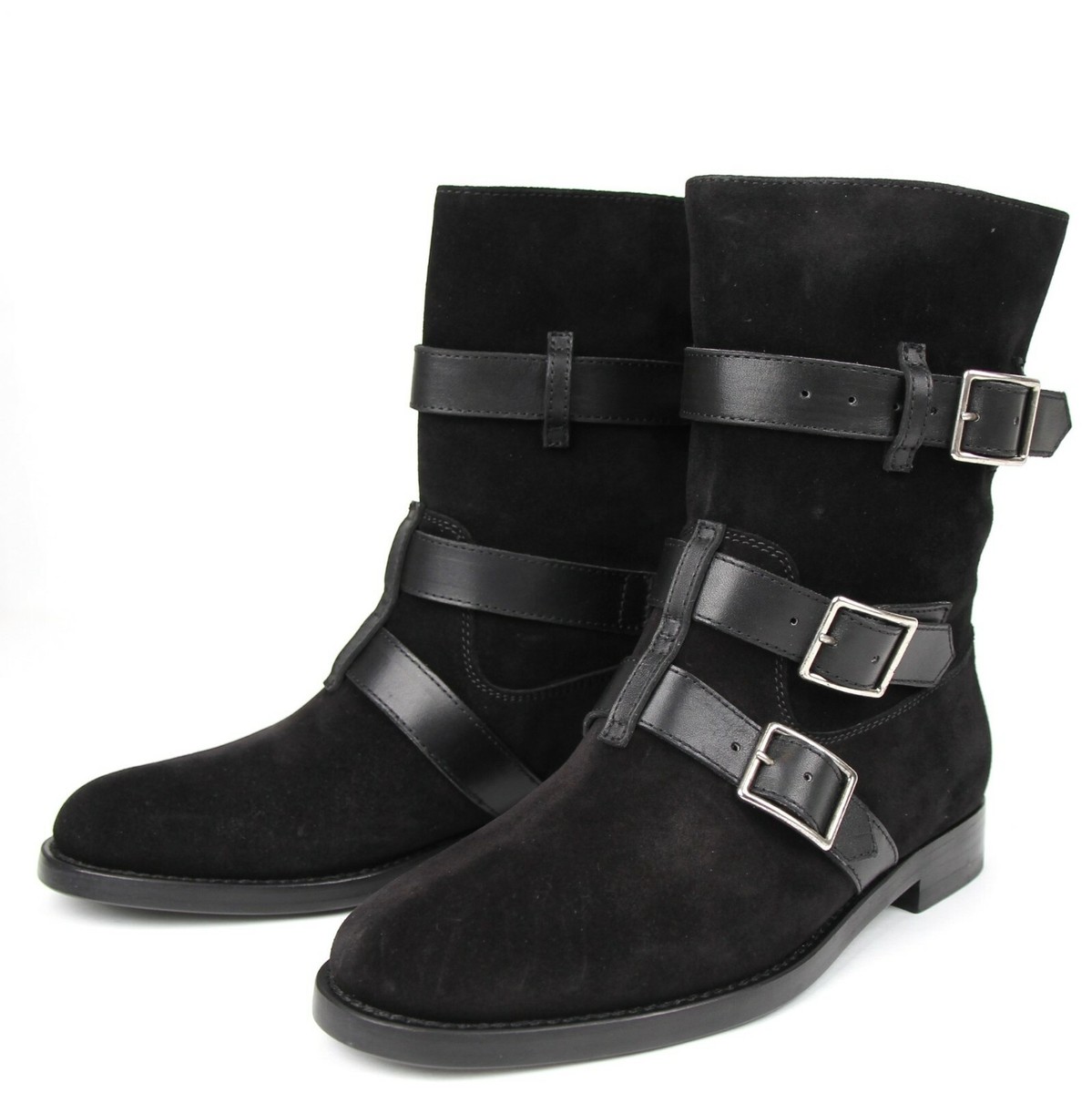 イヴ・サンローラン Saint Laurent Women's Black Suede Motorcycle Boot w/Strap Buckles