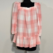 Chaps Gauze Plaid Ruffle Hem Top Square Neck Long Sleeve Pink White XL Peplum