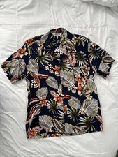 Sport Collar Rayon 1950s Style Blue Palm Hawaiian Button Shirt Men's Large
