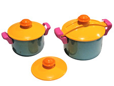 Just Like Home Childs Play Pots - Very colorful 1 Lg Pot w/Lid, 1 Med Pot w/Lid 