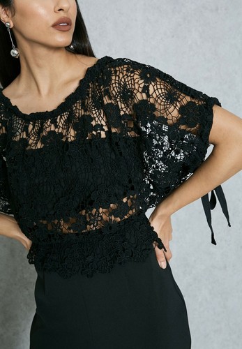Tuta da donna Foxiedox nera nuova con etichette in pizzo overlay margherita schiena aperta UK 12 L SI184JP - Foto 18 di 20