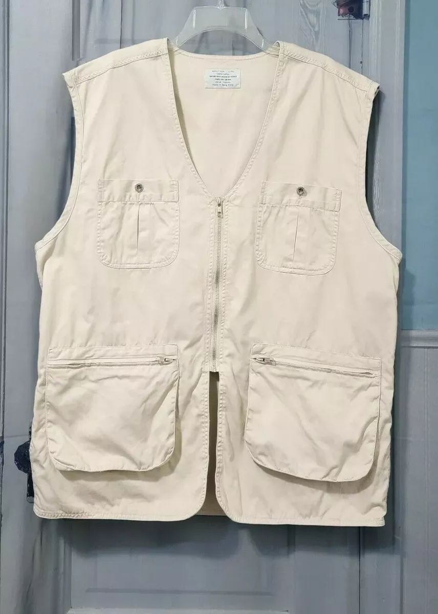 Mens Full Zip Lightweight Fishing Outdoor Vest Large XL Khaki Tan BIG Pockets