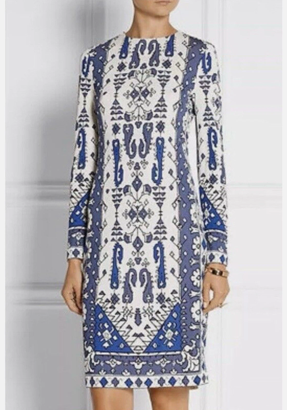Abito a tubino Tory Burch stampato in jersey opaco manica lunga Malibu blu Lisbona taglia S