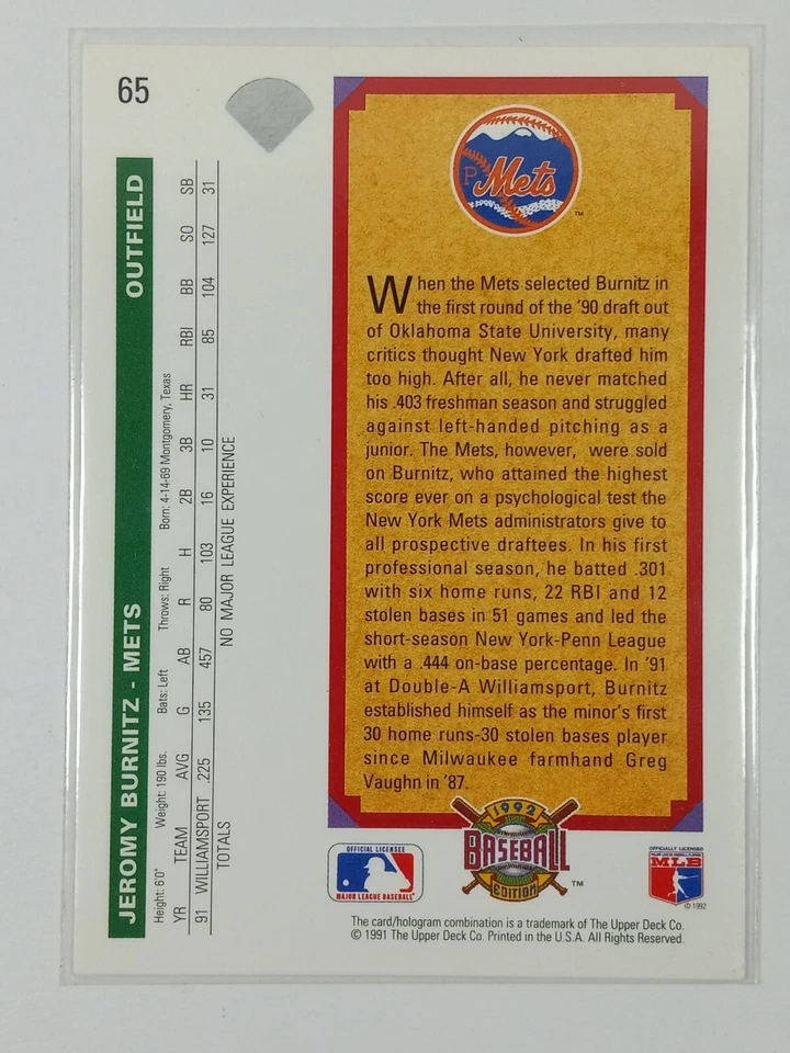 Jeromy Burnitz Signed 1992 Upper Deck #65 Card Auto - Image 2 of 2