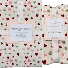 Cupcake Cashmere Gold Pink Red Heart Silver Shimmer Tablecloth 60x144 Napkin Set