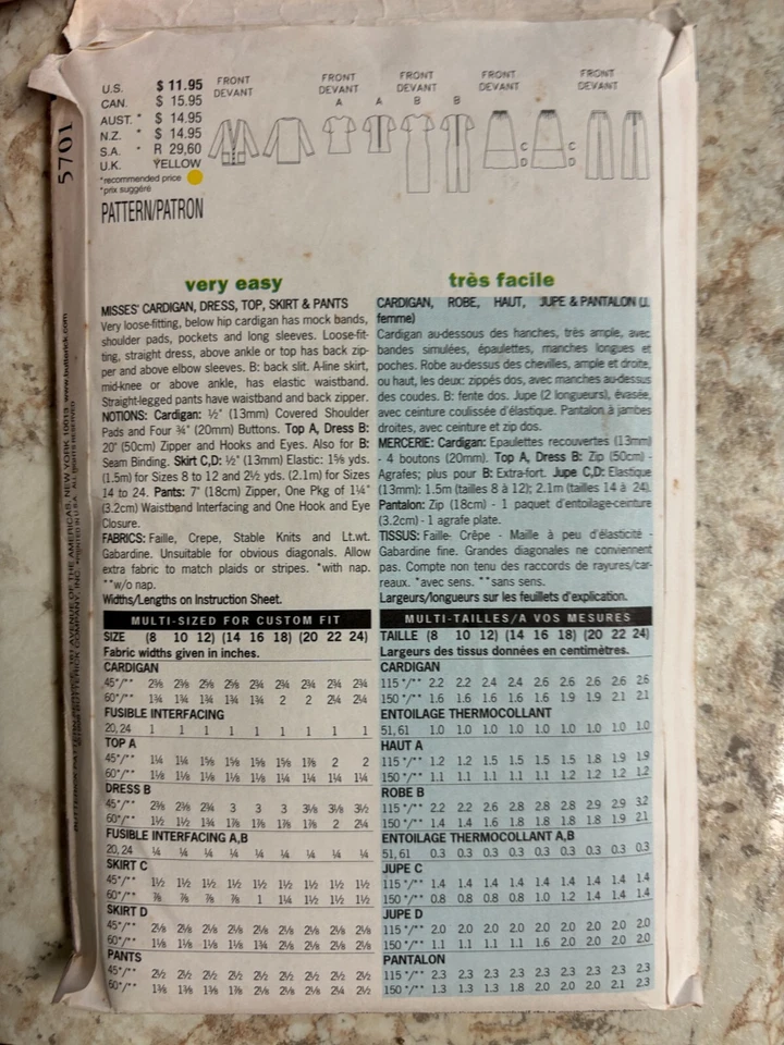 Women's Sewing Pattern Butterick 5701 Sweater Pants Dress NEW UNCUT  Size 14-18 - Image 2 of 2