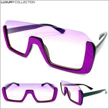 EXAGGERATED Classic Retro Shield Style SUNGLASSES Black Frame Purple & Pink Lens