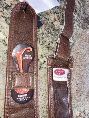 New Brown Leather 2 Inch  Guitar Strap Kyser With Capo Or Harmonica  holder - Afbeelding 3 van 5