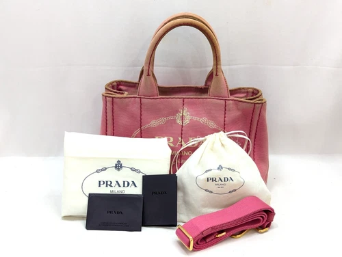 PRADA Canapa 2way Hand Bag Pink Canvas Triangle Women's Authentic