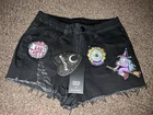 KILLSTAR DENIM SHORTS BLACK LADIES WITH MULTICOLOUR PATCHES BNWT MEDIUM