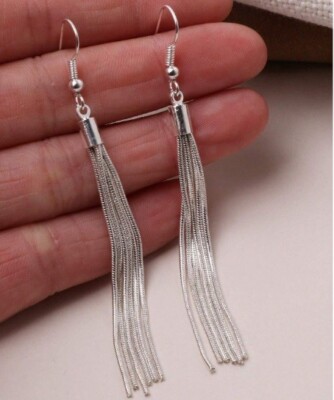 Neu Zarte Boho Silber Fransen Quaste Drop Art Deco Statement baumeln Ohrringe