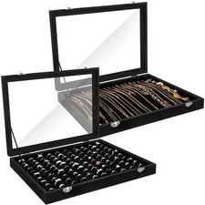 2 Pcs 100 Slots Ring Organizer Box with Transparent Glass Lid Necklace Displa...
