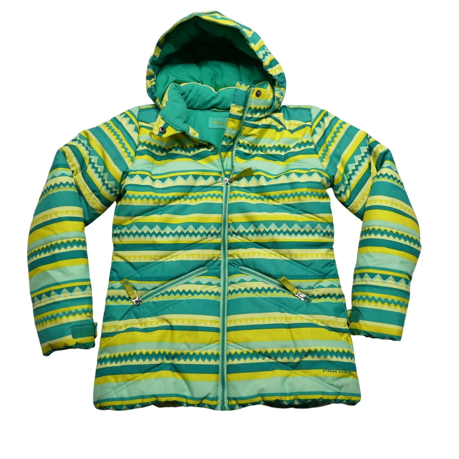 Marmot Jacket Kids Large Green Yellow Stripe Hooded Puffer Full Zip Winter Ski