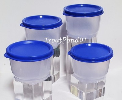 TUPPERWARE Snack Cups Set of 4 Lunch Box 4 oz Bowls Sheer w/ Basic Blue Lids New