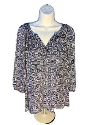 Lucy & Laurel Women's 1X Blue & White Mandala Print Boho  Lightweight Blouse