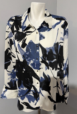 Rachel Zoe Women XL Satin Top Shirt Button Up Black Blue Floral New NWT
