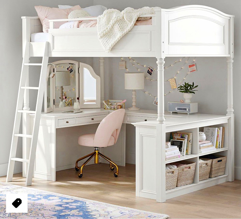 White Twin Loft Bed Wood Frame w/ Built-In Desk, Shelves & Ladder