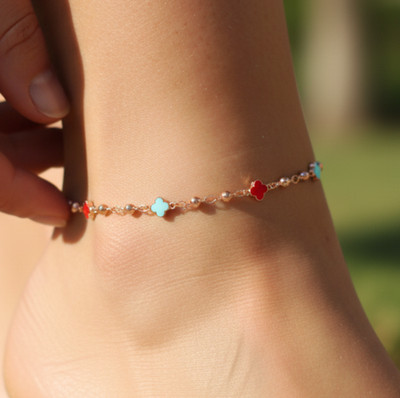 Elegant Multicolor Clover Charm Anklet Rose Gold Plated Brass Chain Anklet