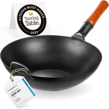 YOSUKATA 13.5" Carbon Steel Wok Pan – Pre-Seasoned Flat Bottom Pow Wok for Stir