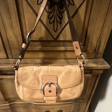 Coach Tan Leather Shoulder Bag Buckle Accent Silver Hardware Inner Pockets