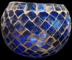 Votive Candle Holder Cobalt Blue With Gold Brushed On Mosaic Glass Globe