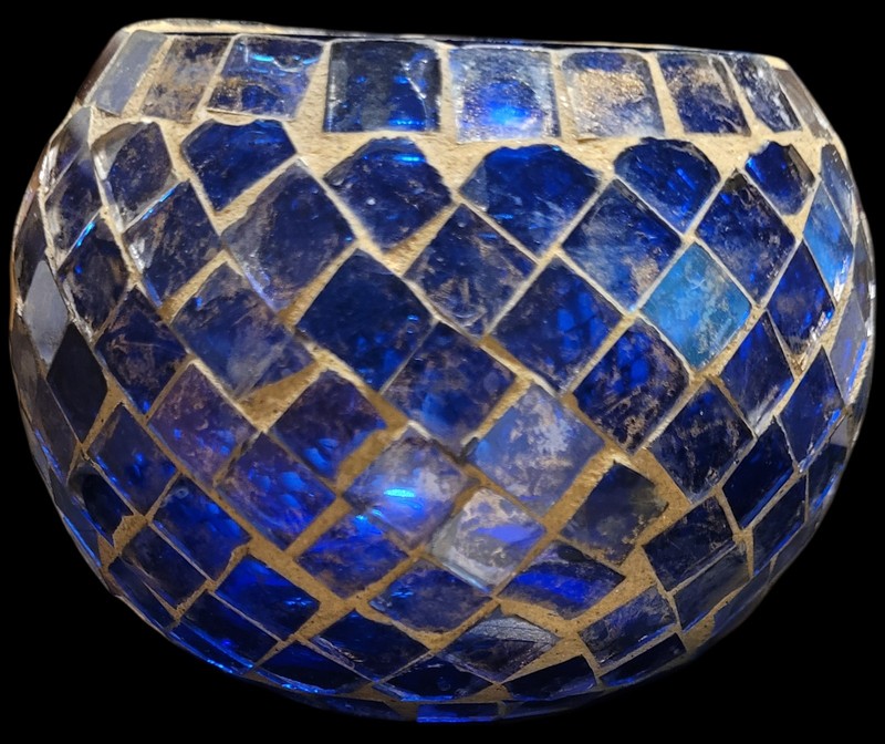 Votive Candle Holder Cobalt Blue With Gold Brushed On Mosaic Glass Globe