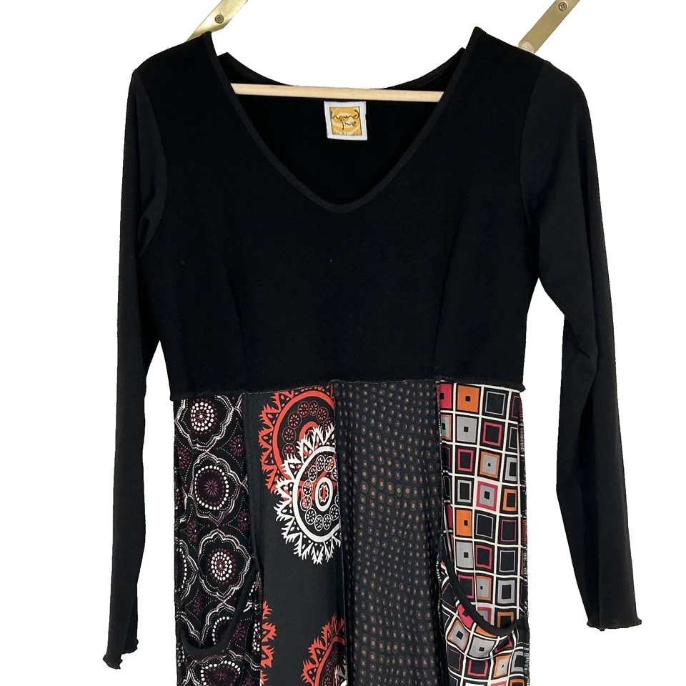 Maxi Vestido Hand Jive Talla XS Artístico Arte para Usar Estampado Dobladillo Asimétrico Boho Hippie Foto 2 de 4