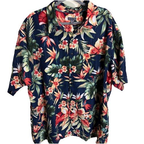 Van Heusen Shirt Mens Size 2XL Blue Orange Hawaiian Short Sleeve Button Dow