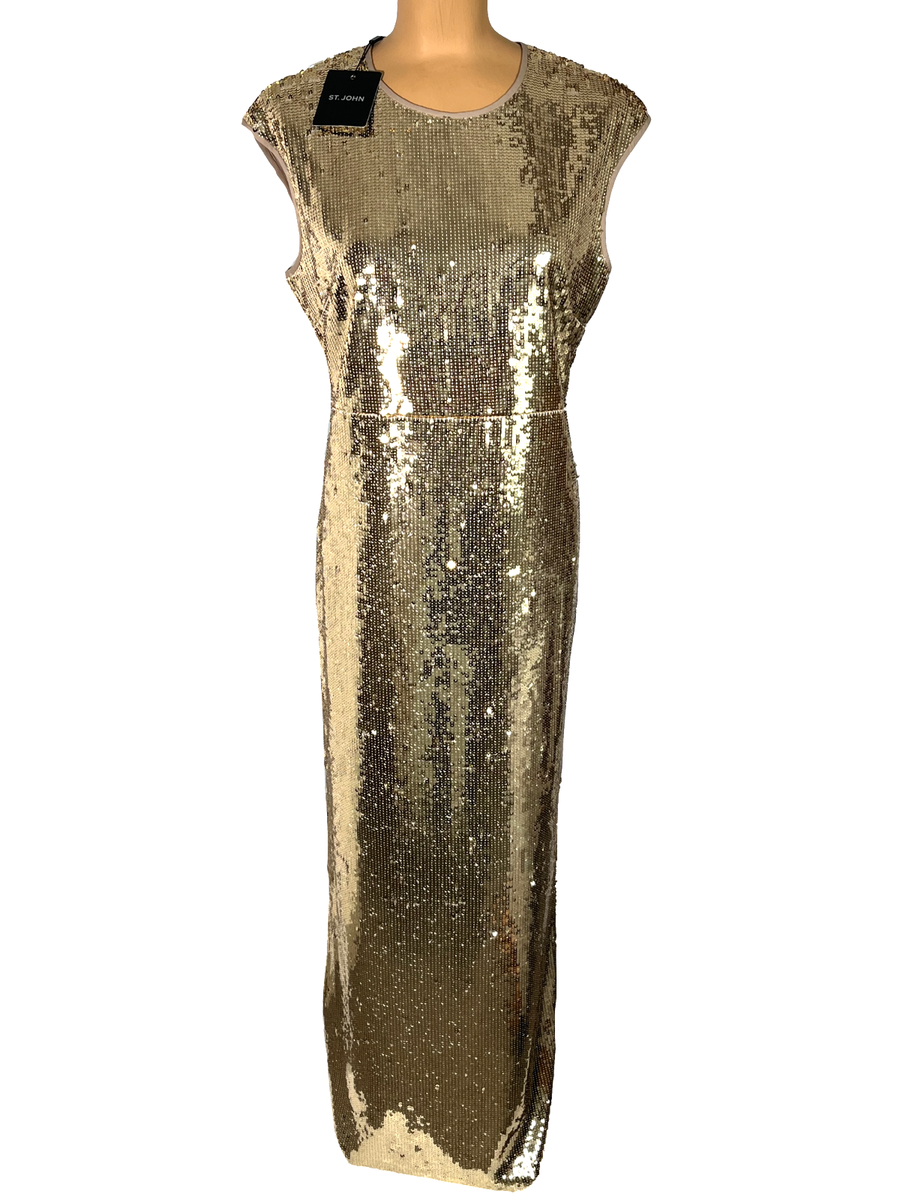 NWT ST. JOHN Knits Gold All-over Sequin Cap Sleeve Gown Dress sz L $1595