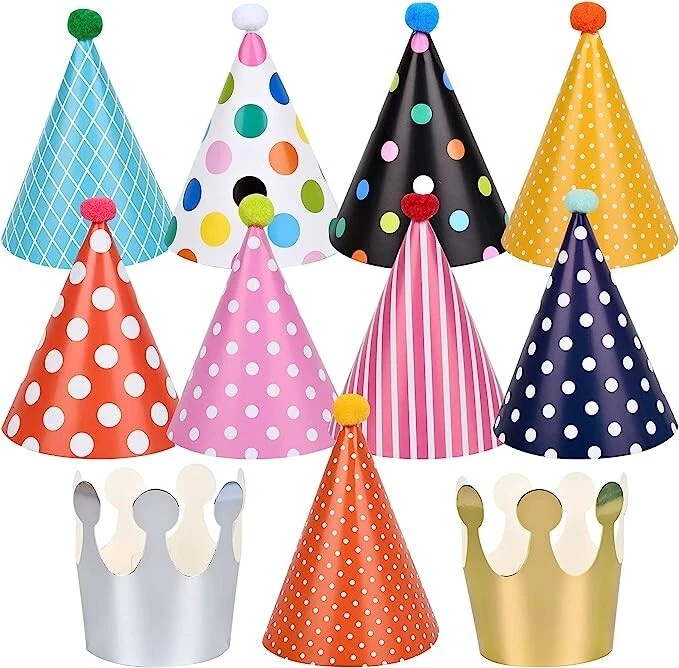 11Pcs Paper Birthday Party Hats Cone Crown Hat Birthday Dress Up Kids Adults Fun
