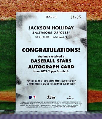 Jackson Holliday 直筆サイン　25シリ　ホリデーMLB auto JACKSON HOLLIDAY - 2024 TOPPS UPDATE BASEBALL STARS