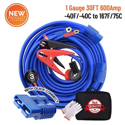 600A Booster Jumper Cables w/Quick Connect 30ft 1AWG Start Truck Tractor Winch